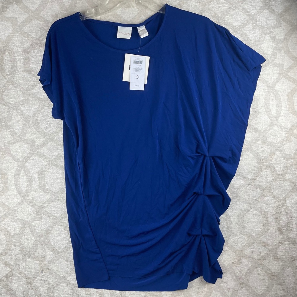 Chico's Sleeve Cascade Top Women 0 S Blue NWT Ruched Asymmetric Deep Royale Knit